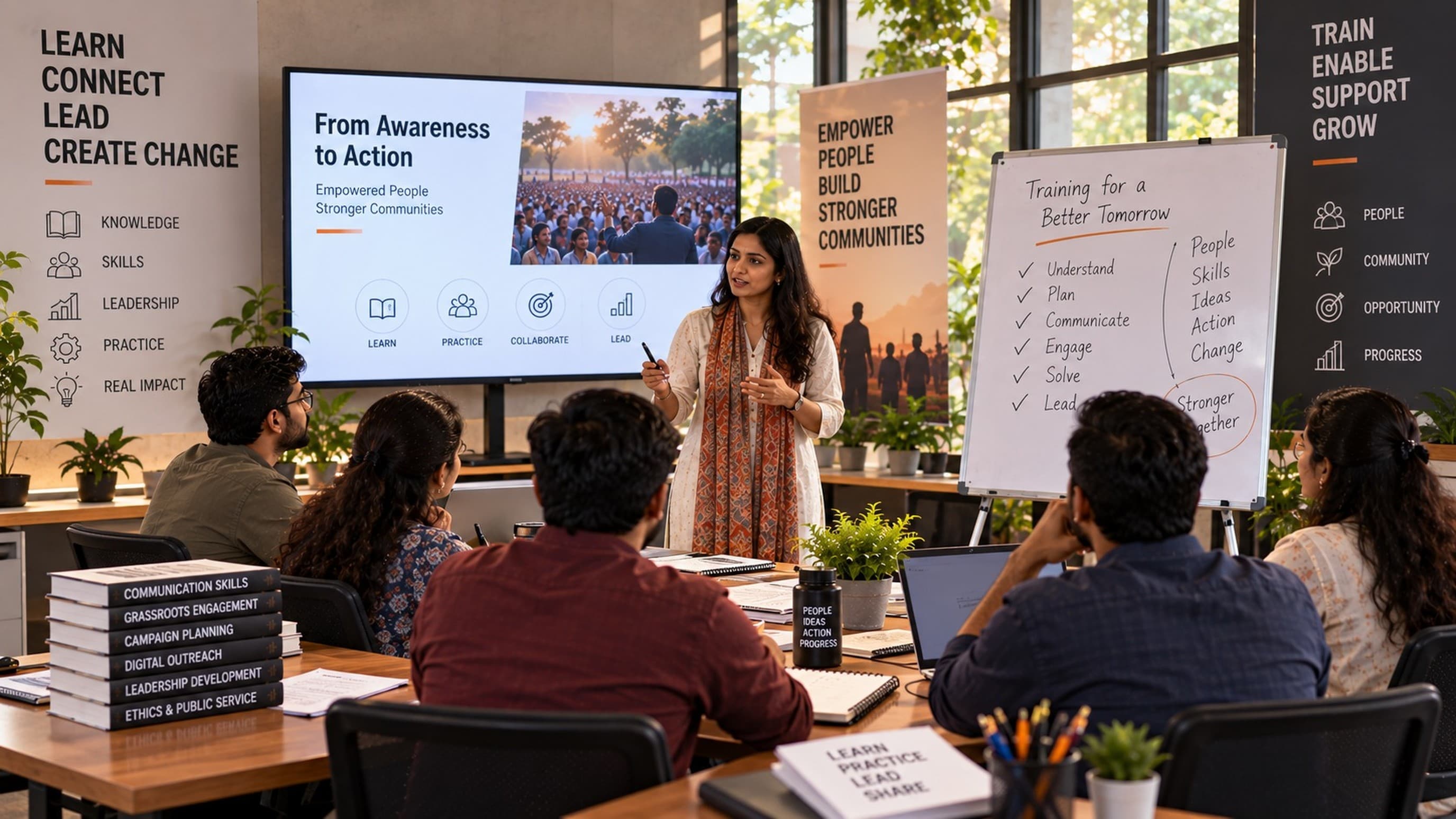 A team training session with a presenter walking a group through campaign materials