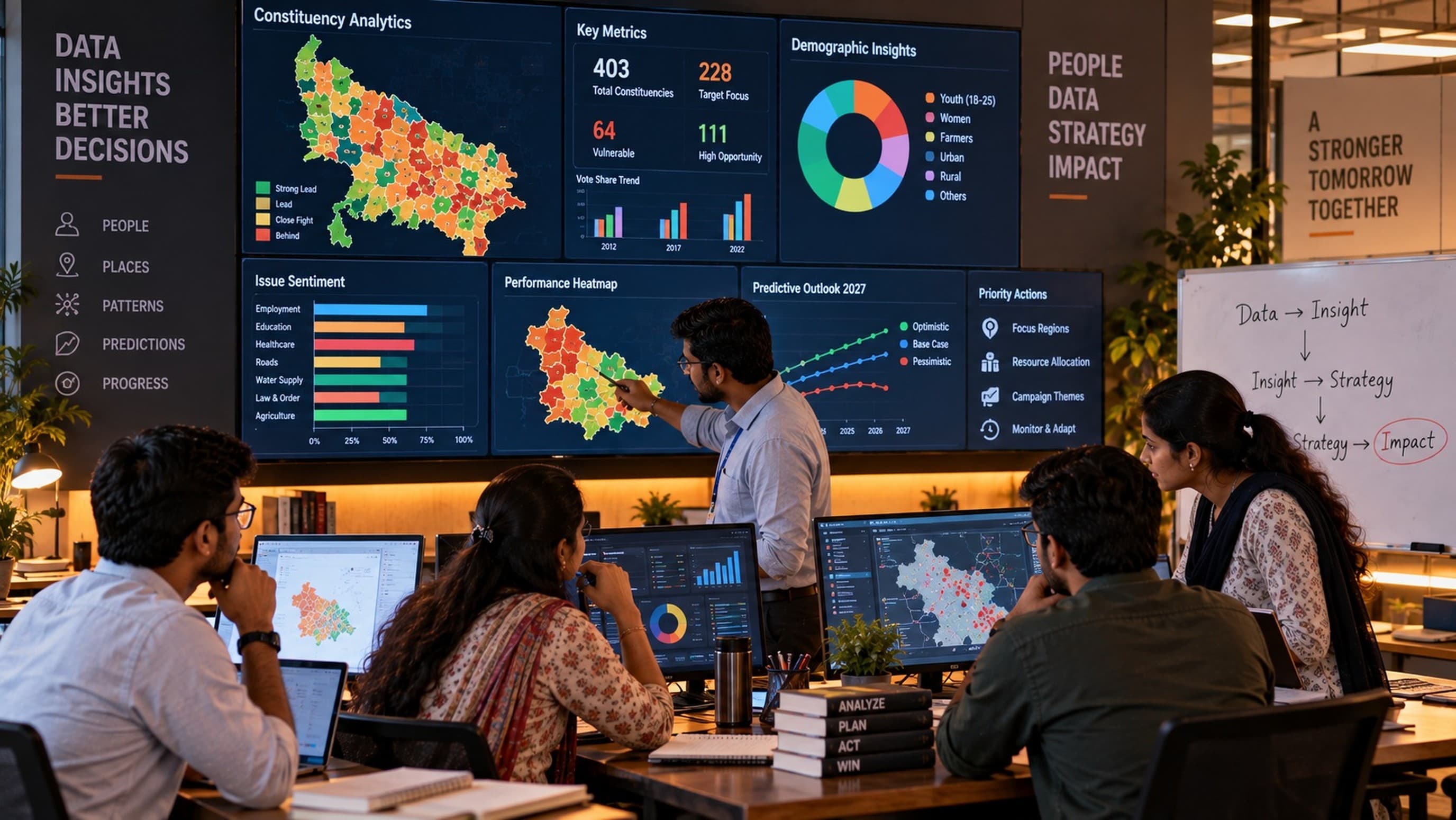 A team reviewing constituency analytics on wall-mounted screens in a war room