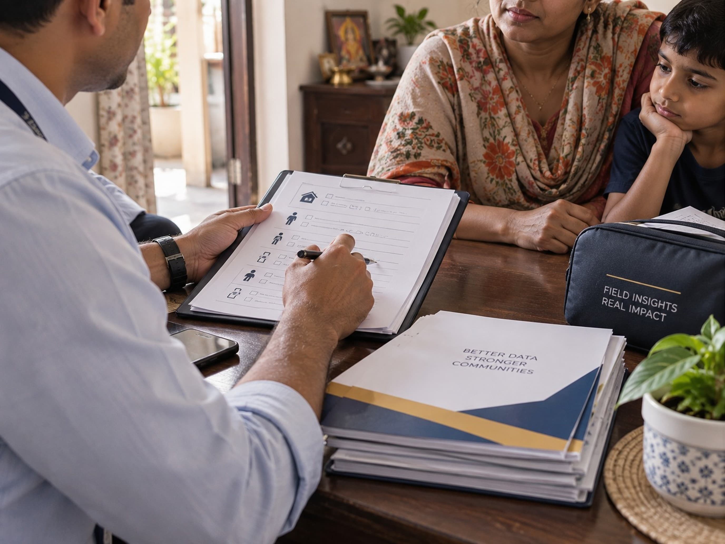 A field researcher reviewing a household survey form with a family at their home