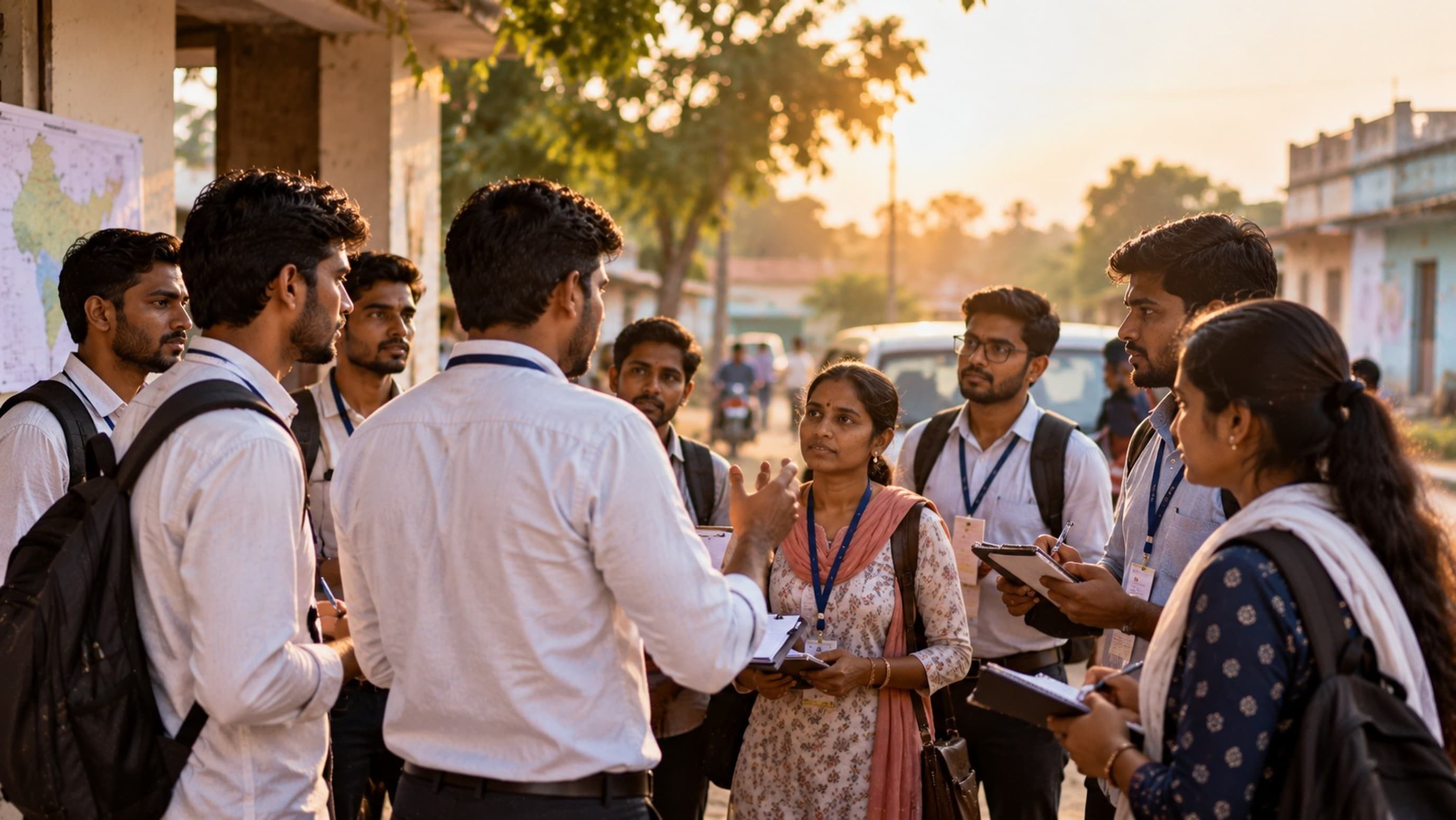 A field team briefing outdoors with clipboards and campaign materials