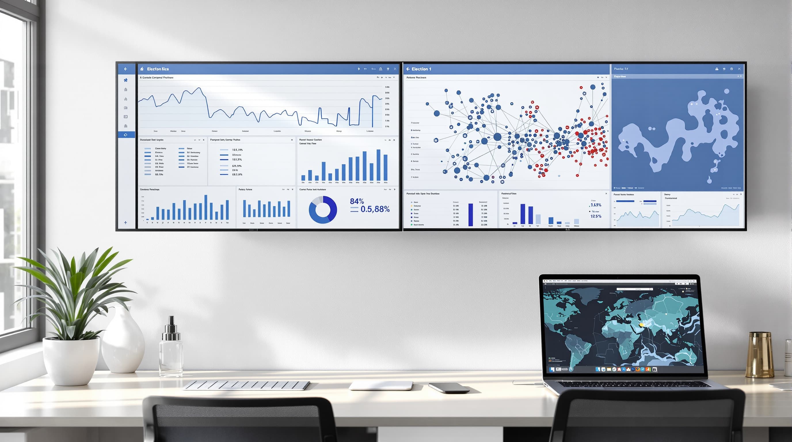Election analytics displayed across a wall of monitors