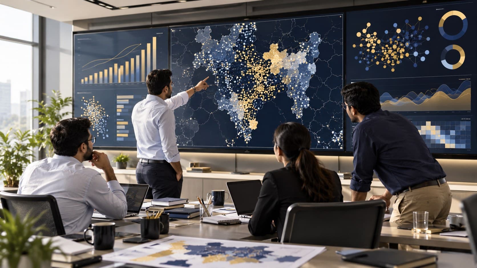 Analysts reviewing constituency-level election data on a wall display